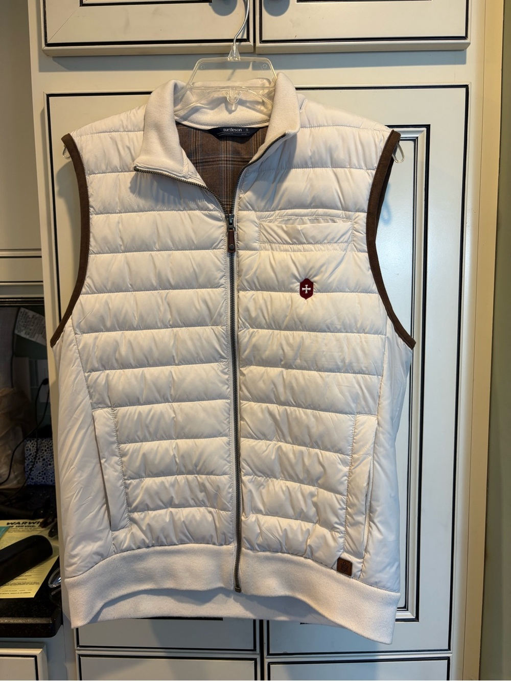 Quilted Lightweight Vest - White with Brown Trim